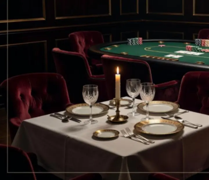 Sötét, elegáns budapesti éttermi enteriőr poker asztallal és gyertyafényes terítéssel